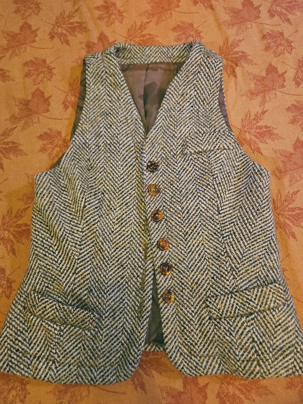 Brown Vintage Herringbone Wool Button Front Vest